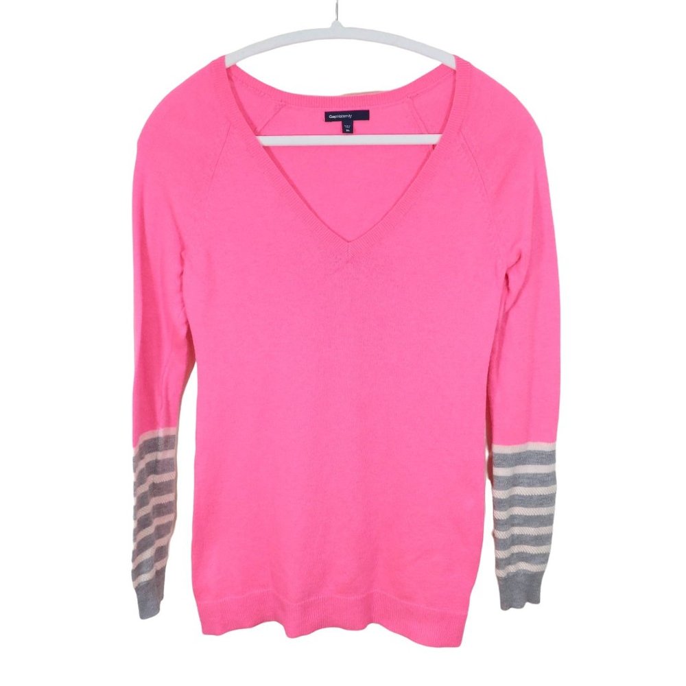 GAP MATERNITY Size XS Bright Pink Sequin & Stripe Cuff V Neck Pullover Sweater
